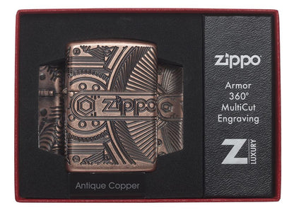 29523, Zippo Steampunk Gears, Deep Carve Engraving on Antique Copper Finish & Armor Case