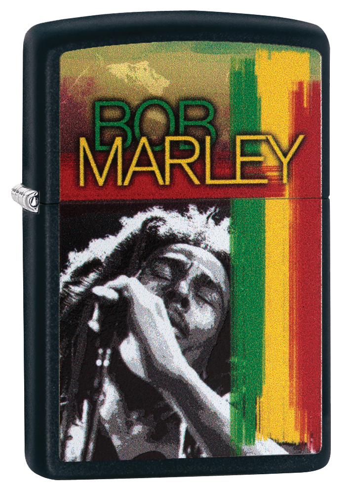 Vue de trois quarts du briquet tempête Zippo Bob Marley