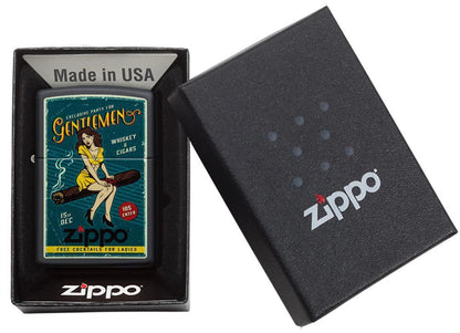 Zippo garantie retro reclame vrouw zittend op sigaar in open doos