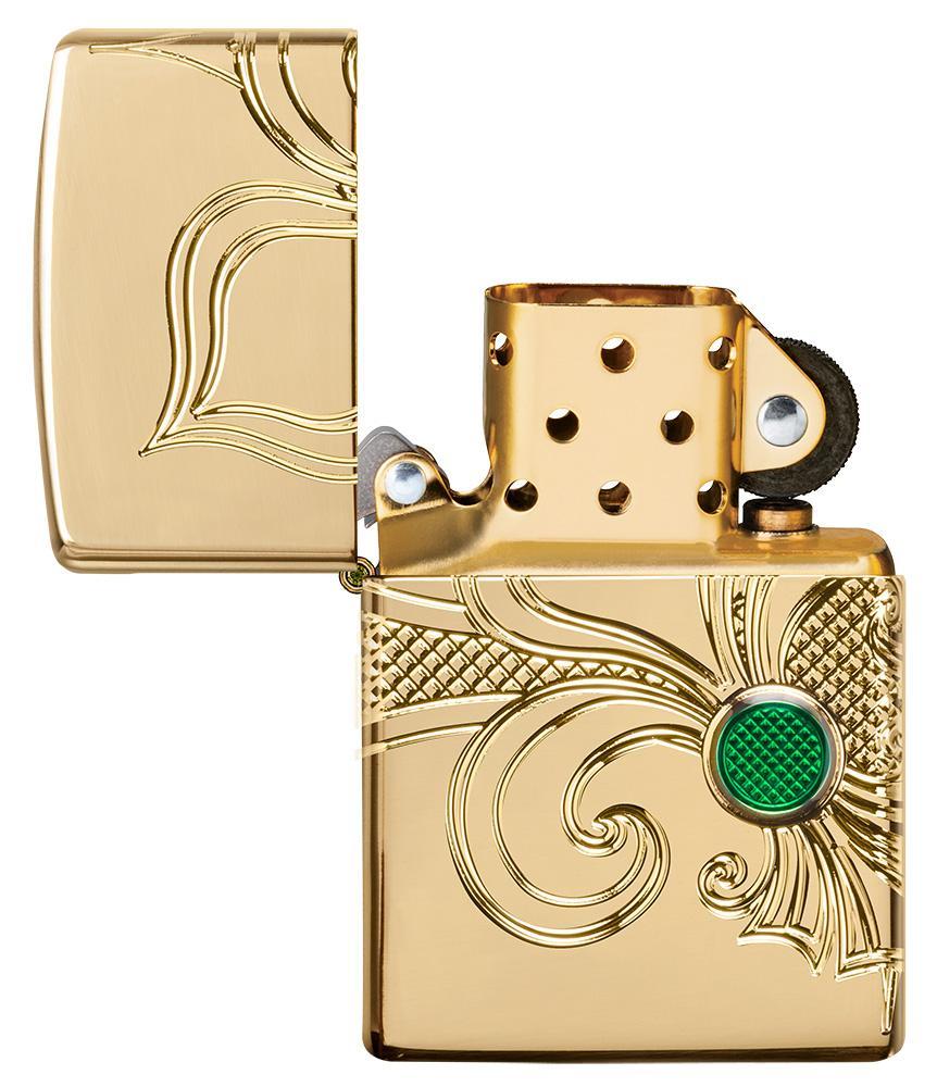 Zippo-aansteker messing Hoogglans diep gegraveerde fleur de lis-lelie open