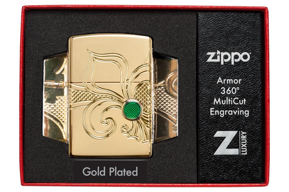 Zippo-aansteker messing Hoogglans diep gegraveerde fleur de lis-lelie in open luxe doos